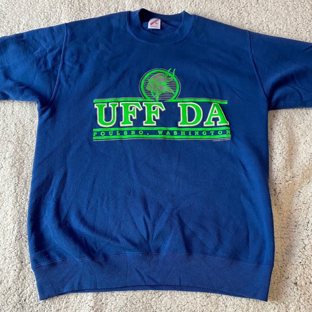 uff da blue and green crewneck